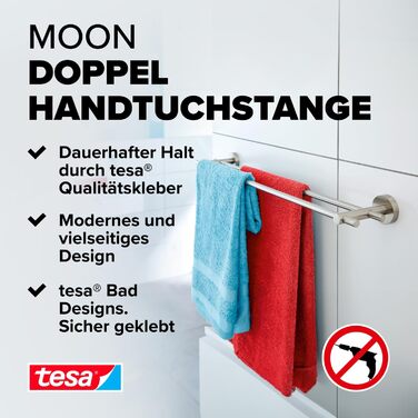 tesa Moon Double Towel Rail, Chrome - Towel Holder with 2 Bars - for Wall Mounting without Drilling, incl. Adhesive Solution - 640mm x 49mm x 115mm