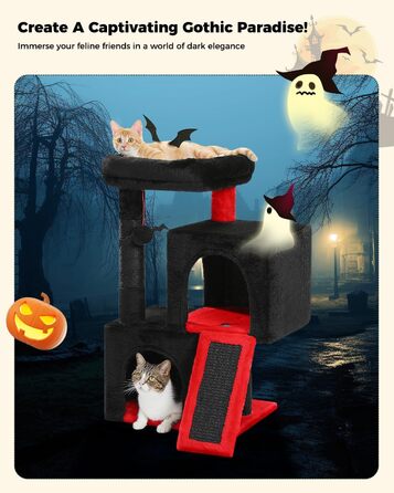 PETEPELA Scratching Post with Dual Condos for Apartment Cats, All-in-One Cat House with Padded Perch, Scratch Ramp & Post, and Replaceable Balls (Black, S 77cm)