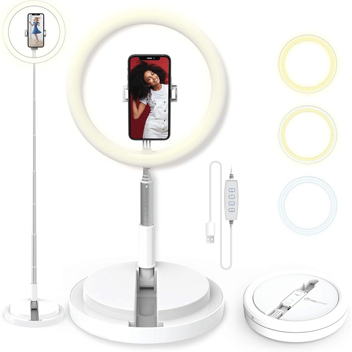 DIGIPOWER 11' кільцева лампа для макіяжу, YouTube, TikTok та Vlogging, регульована висота (58-168 см), 3 режими освітлення, 10 рівнів яскравості, тримач для телефону (iOS/Android), складана