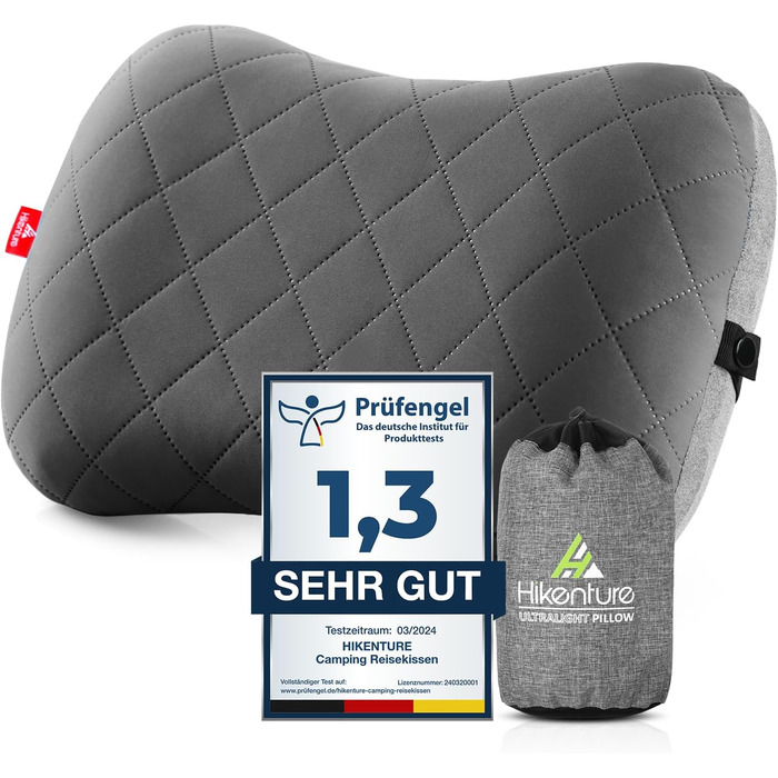 Надувна подушка для кемпінгу та подорожей HIKENTURE з знімним чохлом, ергономічна подушка для голови, комфортна подушка для шиї для подорожей/відпочинку на природі (Сірий)