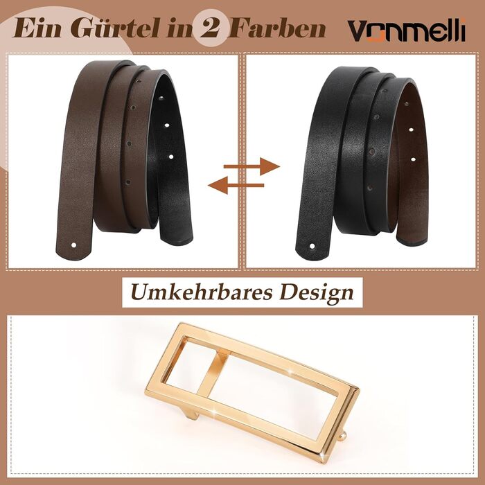 Жіночий шкіряний ремінь VONMELLI вузький з двосторонньою пряжкою, чорний/кавовий, розмір XL (130 см, талія 103-115 см) для суконь, джинсів, штанів