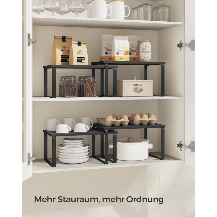 SONGMICS Spice Rack, 4-Piece Set, Kitchen Shelf, Kitchen Organizer, Expandable, Spice Holder, Stackable, with Metal Frame, 19.5 x 29.7 x 15.8 cm, Ink Black + Natural Beige KCS10NB (Ink Black + Ebony Black, 29.7B cm)