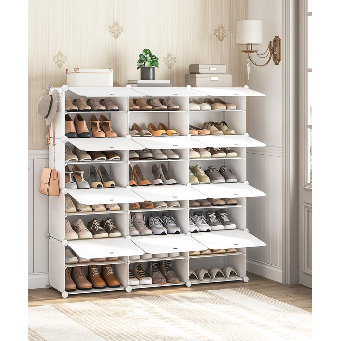 HOOBRO 8-Tier Shoe Rack, Shoe Cabinet, for 32 Pairs of Shoes, 40 x 30 x 30 cm per compartment, narrow, with doors, plastic, for living room, bedroom, hallway, entrance, White EWT28SC01G1 (12 compartments, 120 x 30 x 120 cm), White)