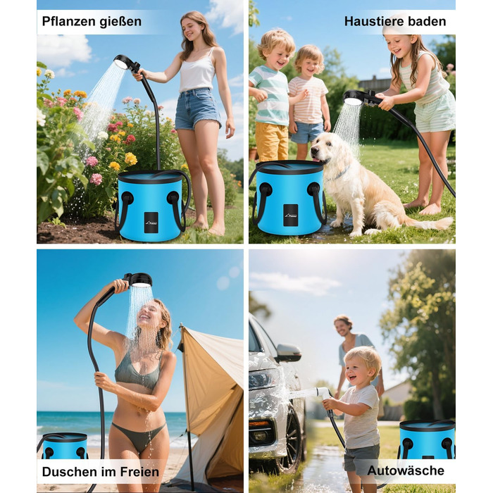 Портативна душова кабіна WADEO з акумулятором, помпою та підсвічуванням, 120 хвилин роботи, LED-ліхтар, мобільний душ-сет з 2м шлангом, душовою насадкою, тримачем та відром для саду, миття автомобіля, домашніх тварин, пляжу, подорожей (Блакитний, з відром