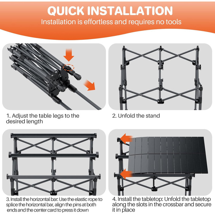 FUNYKICH Складаний столик для кемпінгу 82 x 40 см з регулюванням висоти (44/70 см), легкий та портативний, з сітчастою кишенею, алюмінієва розкладна стільниця для барбекю, кемпінгу, пікніка, саду