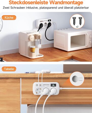 Многорозеткова станція з захистом від перенапруги, 3 розетки, 4 USB (2 USB-C), вимикач, кабель 1,5м, для дому/офісу, білий