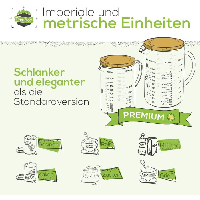 Premium Measuring Cups Glass - Measuring Cups 1L & 500ml - 2-Piece Set - Robust and Heat-Resistant Measuring Cup Set made of Borosilicate Glass with Bamboo Lid - Microwave Safe - For Baking & Mixing