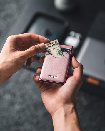 VULKIT Слім гаманець з RFID захистом та висувним відділенням для карток, шкіряний мінімалістичний металевий картхолдер для жінок та чоловіків (Перлинно-рожевий)