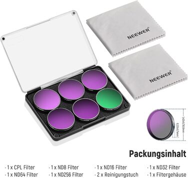 Набір фільтрів ND NEEWER для DJI Osmo Action 5 Pro/4/3 (6 шт.): ND8, ND16, ND32, ND64, ND256, CPL. Фільтри з HD оптичного скла, з мікрофіброю. Аксесуари для екшн-камери