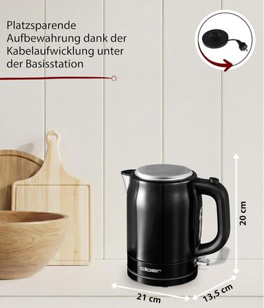 Електричний чайник Cloer 4511 з нержавіючої сталі, 2200 Вт, індикатор рівня води, захист від сухого кипіння та перегріву, 1 літр, чорний