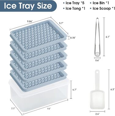 Mini ice cube trays for freezer, 5 pack, small ice cube mold with lid and trash can, 104x5 pieces, tiny crushed ice cube mold, round ice cube mold, coffee juice, Blue