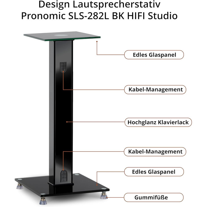 Стійка для колонок Pronomic SLS-282L BK (пара) - Стильний дизайн з 2 скляними панелями, регулювання висоти 73 см, вантажопідйомність 10 кг, приховане кабельне провадження, для моніторів та Hi-Fi апаратури - Чорний колір