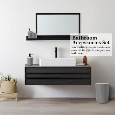 Набір аксесуарів для ванної кімнати Britimes, сірий: душова завіса, відро для сміття, дозатор мила, тримач для унітазної щітки, тримач для зубних щіток та стаканчик для зубних щіток