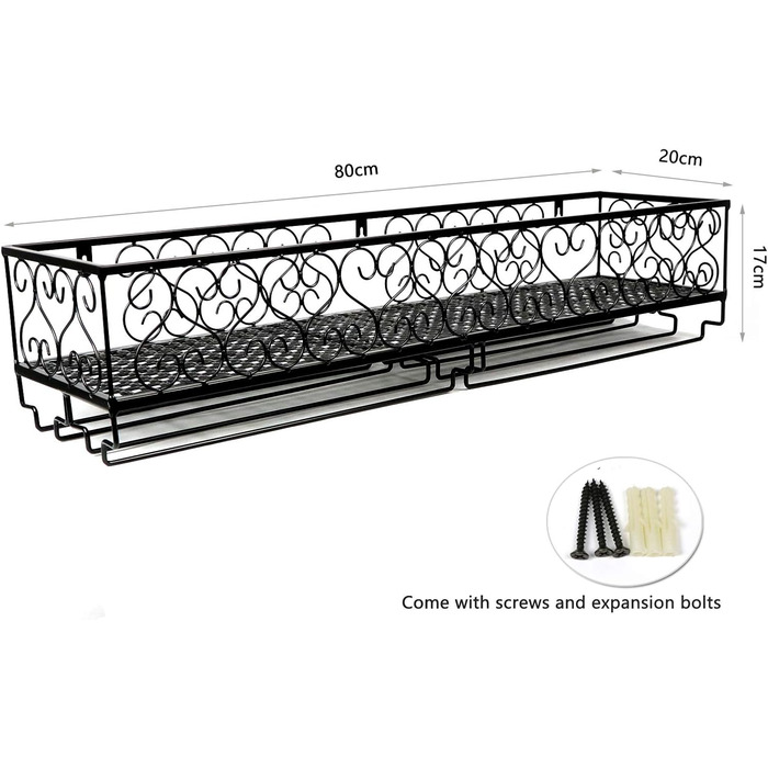 W-612 Metallic Black Wall-Mounted Wine & Champagne Glass Goblets Stemware Rack Holder, 80 x 20 cm Capacity up to 18 Bottles of Wine and 18 Glasses