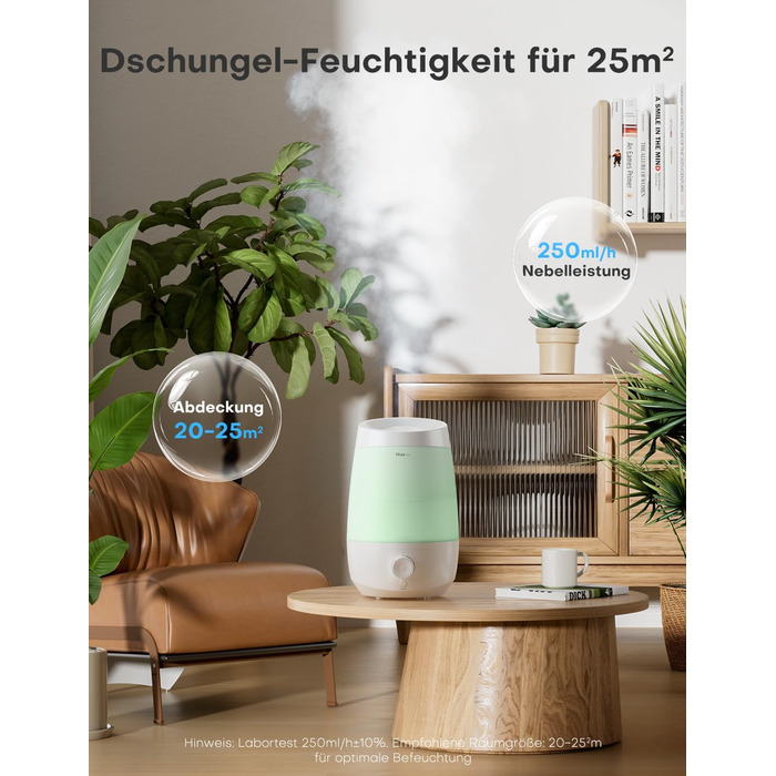 Зволожувач повітря AROEVE для спальні, 2,5л, 250 мл/год, дифузор для ефірних олій, автовимкнення, 25 дБ, тихий для дітей та рослин, білий