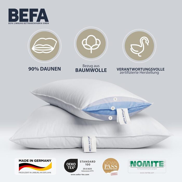 Подушка BEFA NATUR 80x80 см, 3-камерна, 90% пух, 10% перо, для алергіків, сертифікована Öko-Tex, Made in Germany