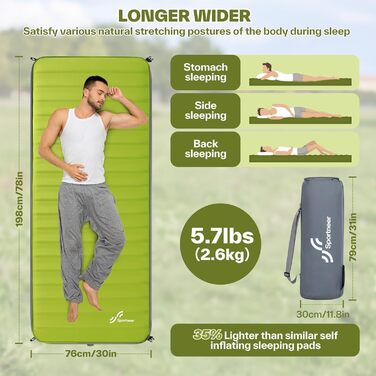 Sportneer Self-Inflating Camping Mat - 198x76cm Thick Sleeping Pad for Outdoor Adventures, Tent Use, Relaxing & Picnics