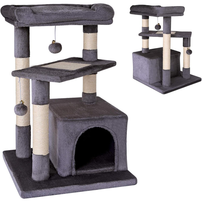 Дряпка для котів Lionto з лежаком та гrottoю, 75 см, з сизалевого мотузка та м'якого плюшу, 2 іграшки з дзвіночками, підходить для кошенят та дорослих котів (темно-сірий)