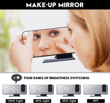 Projection Alarm Clock Digital LED Alarm Clock with Charger, Radio Alarm Clock with USB Charging Port, Dual Alarm Clock, LED Mirror Display, Adjustable Brightness, Temperature and Humidity Display, Black