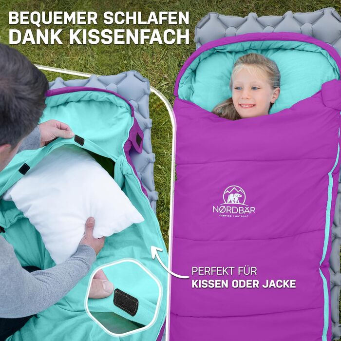 Дитячий спальний мішок для хлопчиків та дівчаток до 145 см | 100% бавовна | Мумійний спальник для кемпінгу | Легкий та теплий [1200г] | Кольори: фіолетовий/бірюзовий