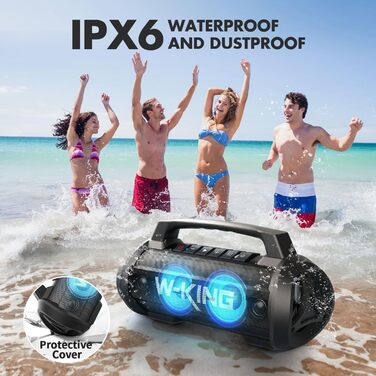 W-KING Bluetooth Колонка 120W з підсиленням басів 70W, чорна. Портативна колонка для вечірок, кемпінгу, пляжу, саду. BT 5.4, IPX6, до 42 годин, RGB підсвітка, стерео-з'єднання, DSP/EQ.