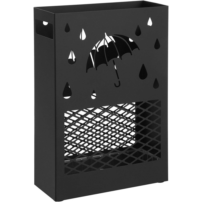 SONGMICS Metal Umbrella Stand with Water Tray, 4 Hooks, Cutout Design - Black for Entryway & Office
