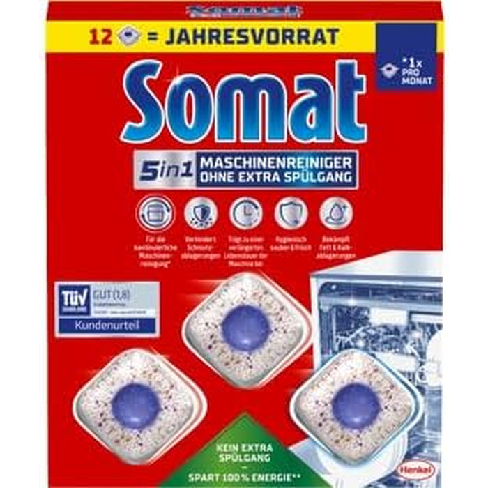 Очищувач для посудомийних машин SOMAT 5in1 Anti-Kalk, засоби для щомісячного чищення та видалення накипу, 12 таблеток
