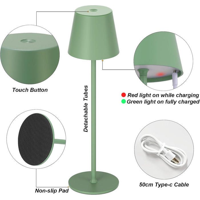 Набір з 2 бездротових настільних ламп LED з акумулятором, сенсорне регулювання яскравості, 3 режими кольору, USB-C зарядка для спальні, столу, кемпінгу (Чорний)