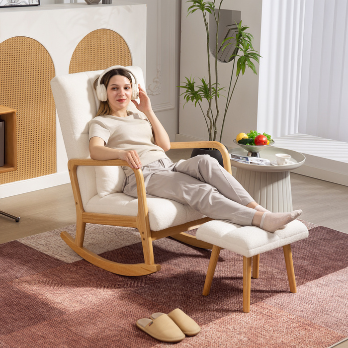 HOMCOM Rocking Chair with Ottoman, Rocking Chair with Fleece Cover, Armrests, High Back, Wooden Sleigh Runners, Padded Swivel Chair, Relax Chair, Accent Chair for Living Room, Bedroom White | Aosom