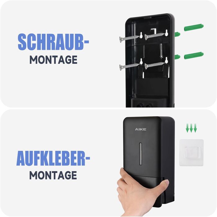 AIKE AK1006 800ML Soap Dispenser Wall Mount No Drilling, Manual Wall Soap Dispenser Made of Plastic, Liquid Soap Dispenser for Public Use, Matte Black