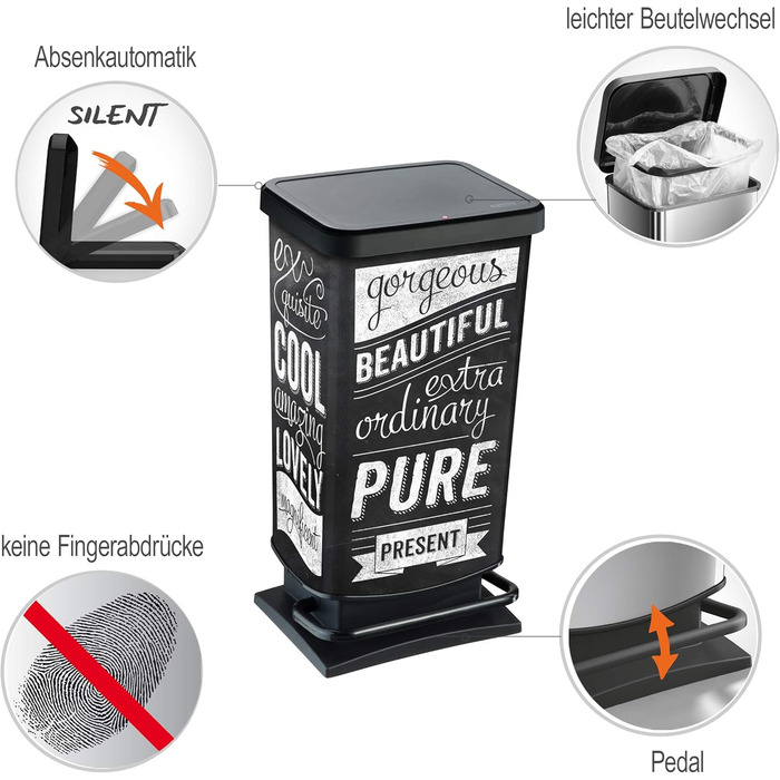 Відро для сміття Rotho Paso 40л з педальним механізмом та кришкою, пластик PP, BPA-free, металік