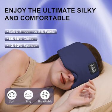 Маска для сну з навушниками Bluetooth V5.4, 3D маска для сну, дихаюча бавовняна маска для сну з мікрофоном для жінок та чоловіків, для подорожей/сніжок/йоги/медитації (Морська синя)