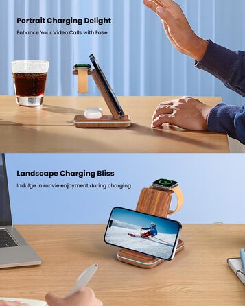 Бездротовий зарядний пристрій JoyGeek 3-в-1 для iPhone, Apple Watch, AirPods (з текстурою дерева)