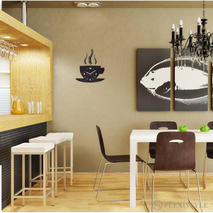 FLEXISTYLE Coffee Time Mug Clock, Modern Kitchen Wall Clock, Black, 3D Roman, Wall Clock Decor, 32 x 19 cm