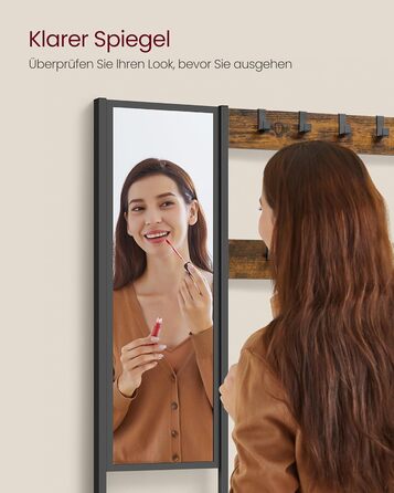 VASAGLE Coat Rack, Coat Stand with Hooks, Clothes Rack with Mirror, Shoe Bench and Shelves, 36 x 98 x 185 cm, for Entryway, Bedroom, Living Room, vintage brown-black HSRAM050B01