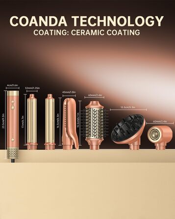 Webeauty 7-в-1 Стайлер для волосся: фен, плойка, брашинг, дифузор, 110,000 об/хв, 25 м/с, 500 млн негативних іонів, Dual Voltage, Mokka