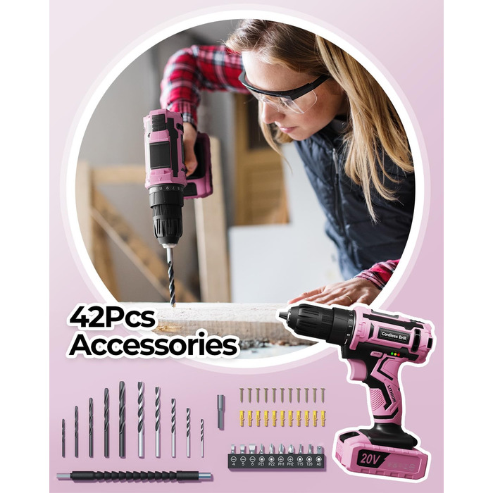 Акумуляторний дриль-шуруповерт 21V з 2 акумуляторами 2000mAh, 45Nm, 2 швидкості, 25+3 ступені крутного моменту, патрон 10мм, 27 предметний набір та кейс для дому та DIY (рожевий)