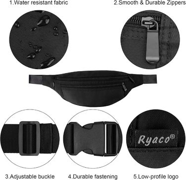 Чоловіча/жіноча поясна сумка RYACO: водонепроникна, для подорожей, спорту та активного відпочинку. Чорна