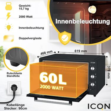 Міні-піч ICQN 60 літрів XXL з конвекцією, поворотним шампуром, емальоване покриття, антрацит