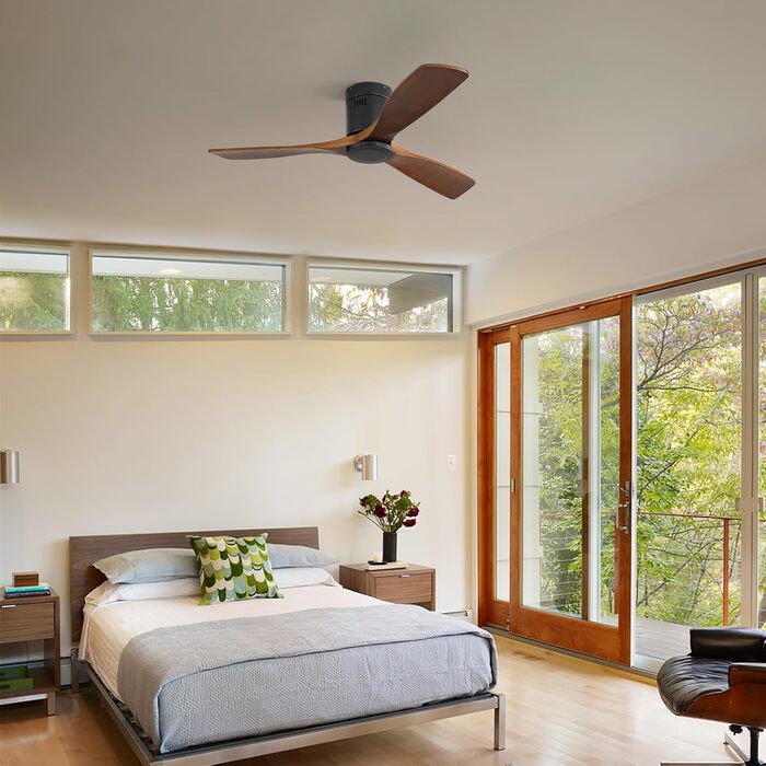 Стеляний вентилятор Sofucor з пультом керування, дерев'яний вентилятор з 3 лопатями, 132 см, тихий, 6 швидкостей, таймер, DC двигун, режим літо/зима для спальні без освітлення + монтаж врізний, темне дерево