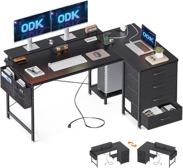 Кутовий письмовий стіл ODK L-подібний чорний, 140x80x84,7 см, 4 шухляди, 2 USB-порти, 2 розетки, для домашнього офісу