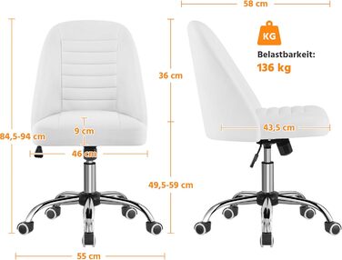 Офісне крісло Yaheetech без підлокітників, обертове, на колесах, регульоване по висоті, для роботи та макіяжу (білий, штучна шкіра)