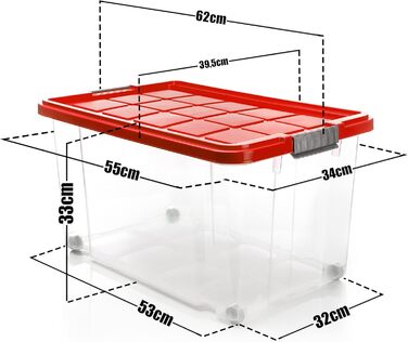 BigDean 4-Piece 60L Storage Box with Lid Large Steel - Stackable, Robust Box, BPA-Free - Rollable Stack Box with Secure Click Closures - Made in Germany (Red Transparent)