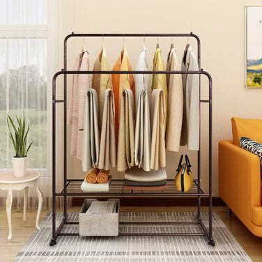 JURMERRY Freestanding Clothes Rack, Double Hanging Rail, High-Performance Metal with Shelf, Commercial Quality (Bronze)