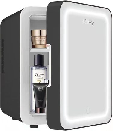 Olvy 4L Mini Skincare Fridge - Portable Beauty Cooler with LED Mirror - Hot & Cold for Bedroom & Office
