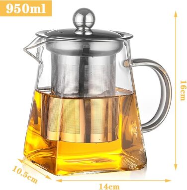 Скляний чайник LiRiQi з ситом із нержавіючої сталі, термостійкий заварник для чаю з кришкою, 950 мл, для зеленого, чорного та фруктового чаю
