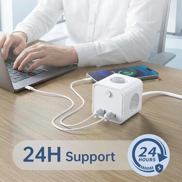 Мережевий фільтр (подовжувач) 7 в 1 з USB-портами, 3 розетки, з вимикачем, кабель 2м, білий — для дому та офісу