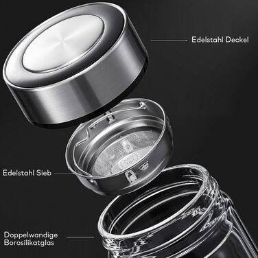 Double-walled glass tea bottle, 1 liter, with 2-in-1 stainless steel strainer for on-the-go use. 1000ml large volume, tea bottle 100% leak-proof, 1 l (350ml single serve).