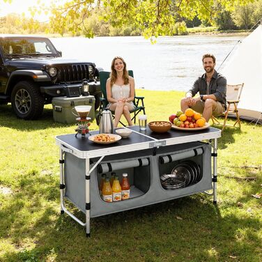 Складний алюмінієвий кемпінговий стіл-шафа WOLTU з регульованою висотою, чорно-сірий. Меблі для пікніка, пляжу, саду.