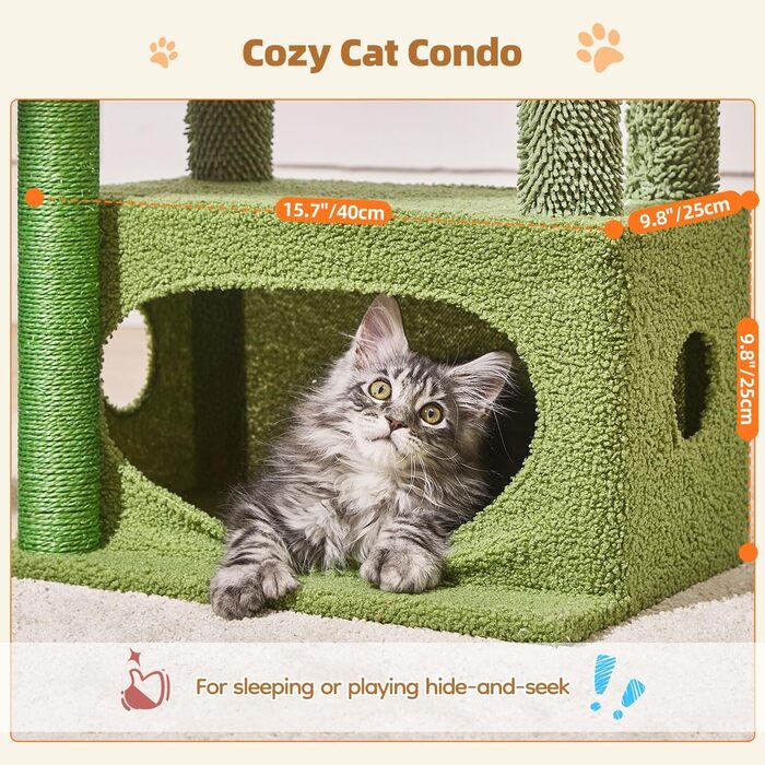 Кігтеточка Taoqimiao Klein, 98 см: котячий будиночок, корзина, 4 стовпчики, м'ячі, зелений (MS029SW)